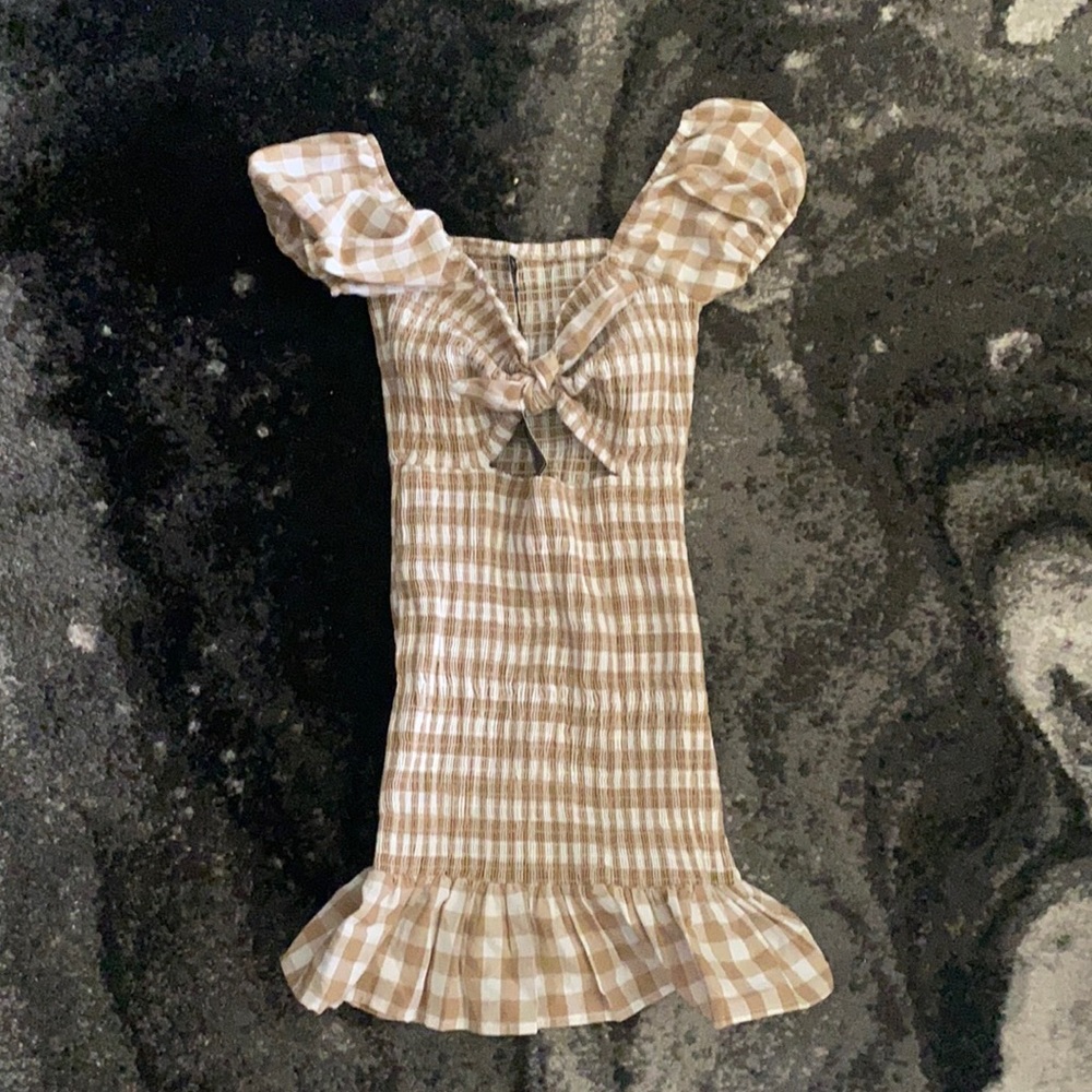Smocked tan and white mini dress